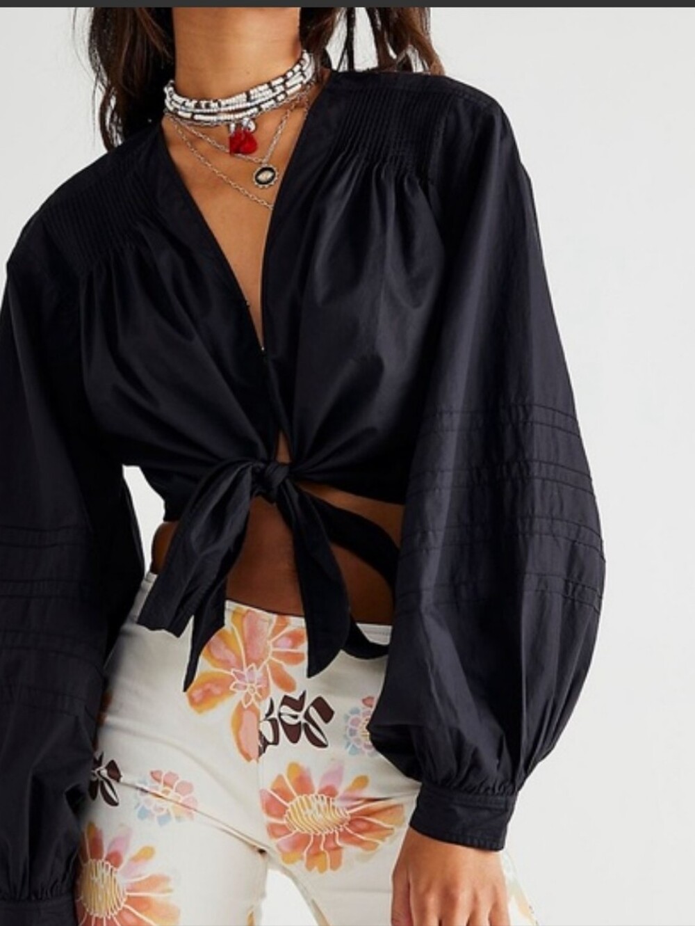 Free People Black Cropped Tie Front Blouse, Balloon Sleeves, XS